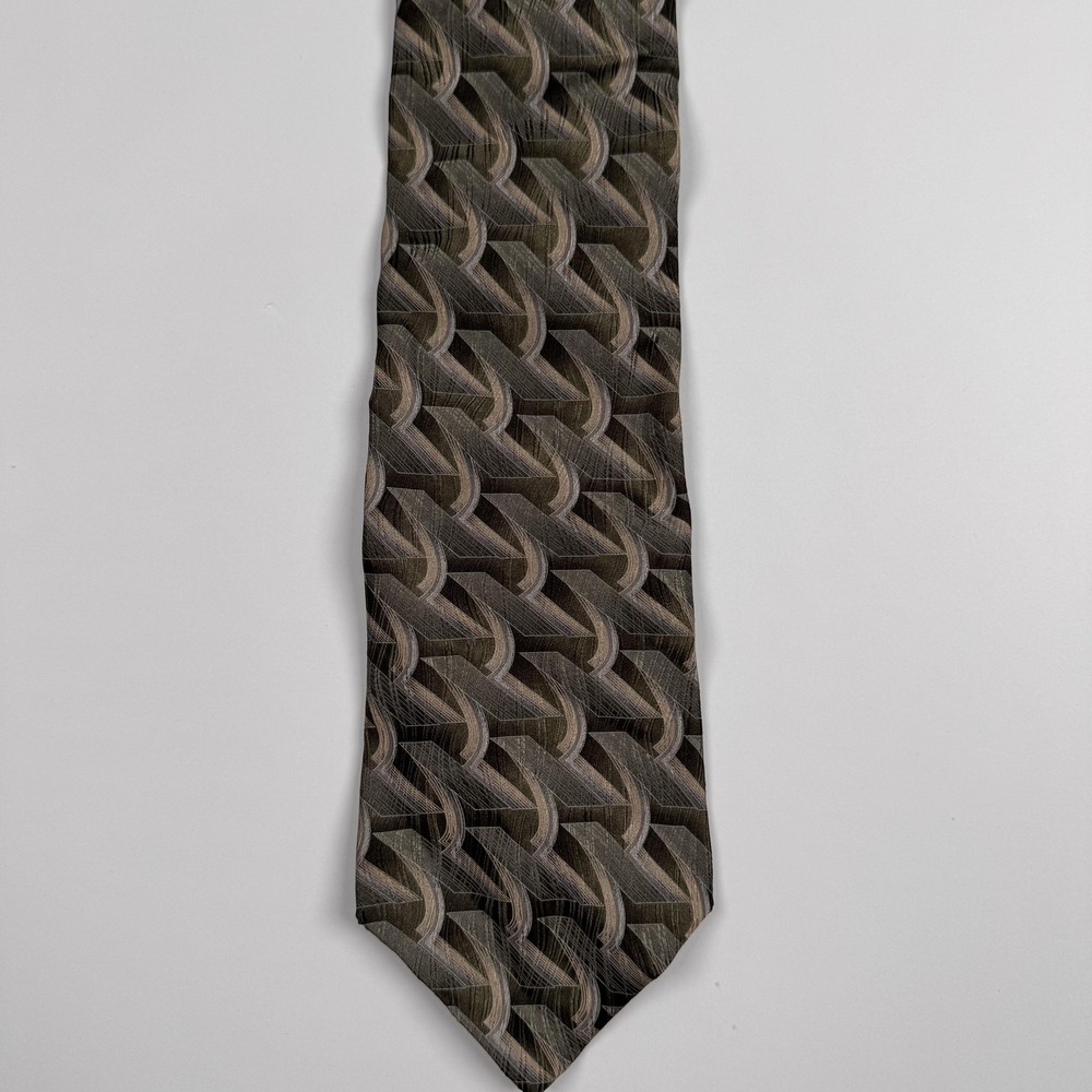 Zylos Gold George Machado Tie Mens Brown Gray Geometric 100% Silk 4 Inch Width